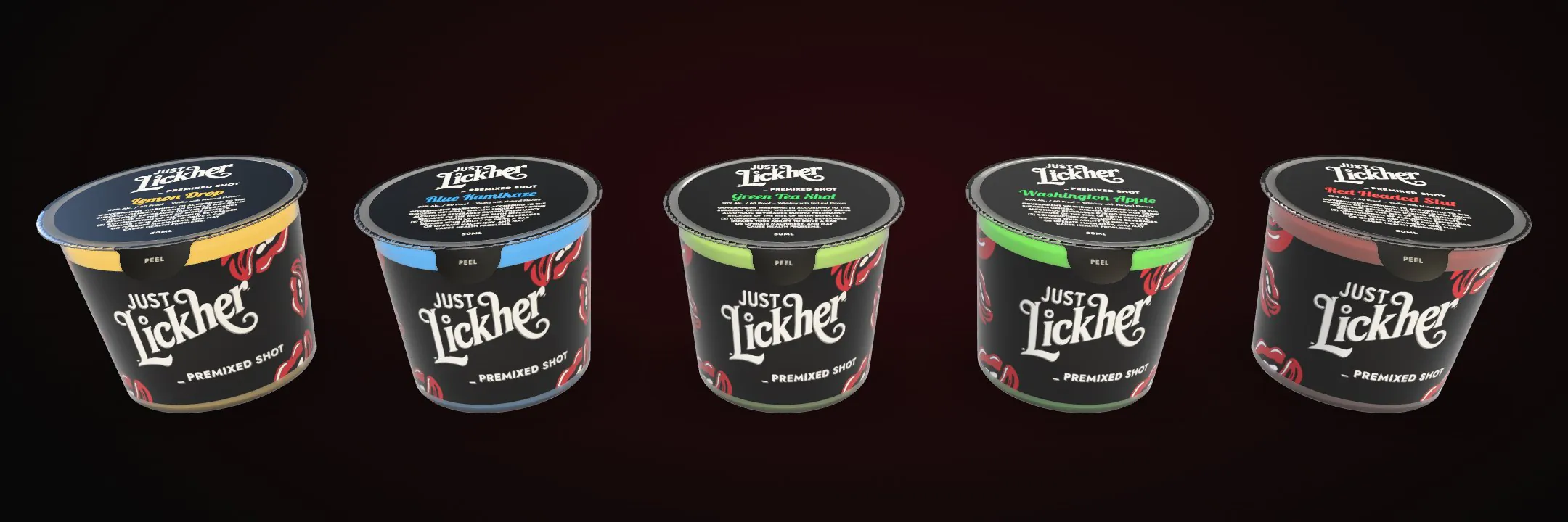Five Just Lickher premixed shot cups in a row